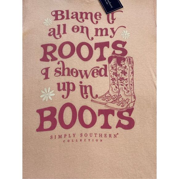SIMPLY SOUTHERN SMALL “Blame it on My Roots I showed up in Boots” V-Neck TShirt - Picture 2 of 5